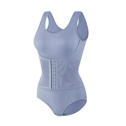 Light blue bodysuit on a white background. Women’s slimming bodysuit shapewear with zipper belt. Medium control, wire-free, seamless design with polyester/spandex fabric for all-day comfort.