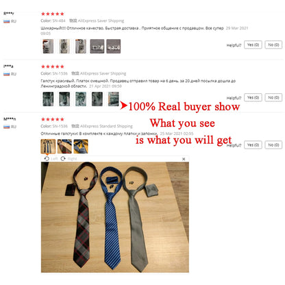 Three ties displayed on a wooden surface with text about real buyer show and product authenticity. Men’s luxury paisley silk tie and pocket square set, 8.5cm wide, for business or wedding. Red formal necktie, ftf fashion UK.