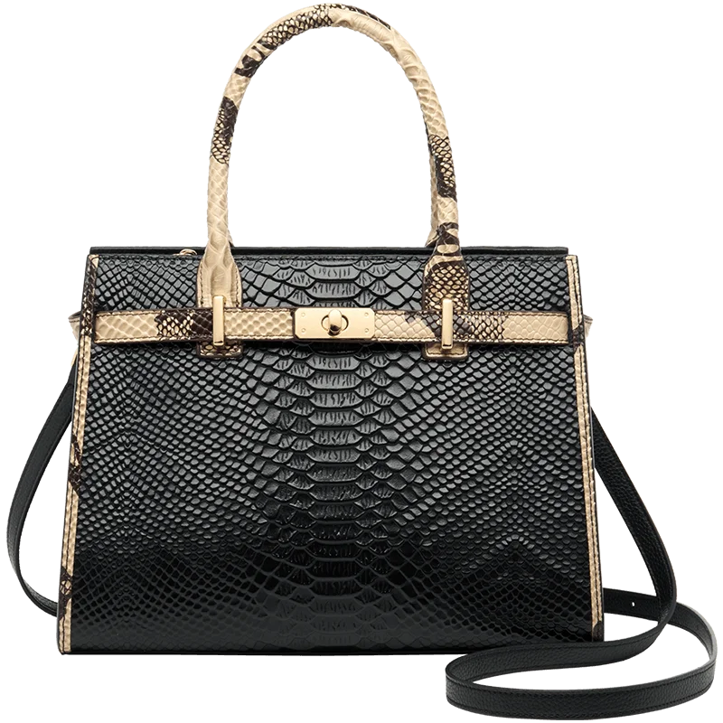 Black snakeskin handbag with gold accents on a white background. Elegant black genuine leather business shoulder bag for women. Spacious, soft, secure zipper closure. Stylish tote for work, travel or everyday use – UK FTF.