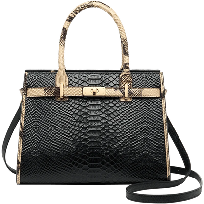 Black snakeskin handbag with gold accents on a white background. Elegant black genuine leather business shoulder bag for women. Spacious, soft, secure zipper closure. Stylish tote for work, travel or everyday use – UK FTF.