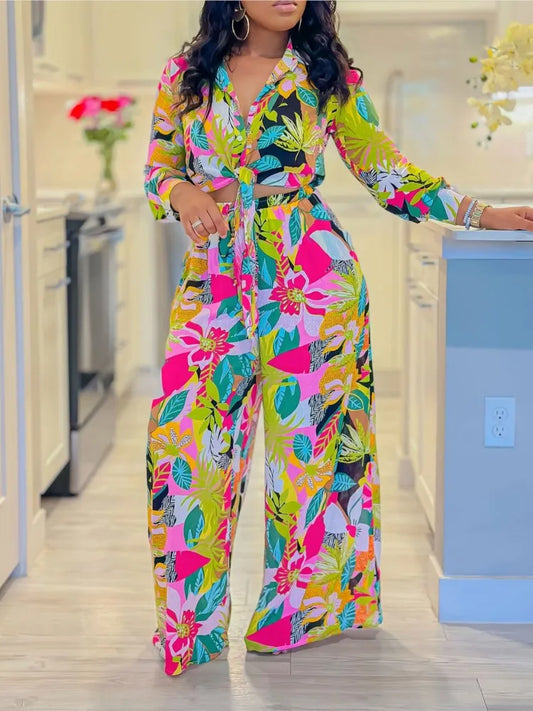 2024 Spring Summer Long Sleeved Printed Suit for Women – Lapel single-breasted shirt, wide-leg trousers, fashion-forward two-piece set. Available on FTFmarket.net, fast delivery in the UK.