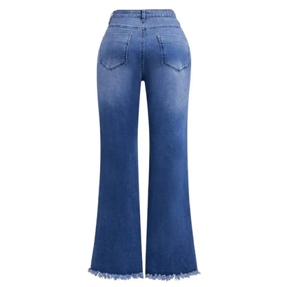 Back view of royal blue high-stretch flare jeans with frayed hem and classic back pockets