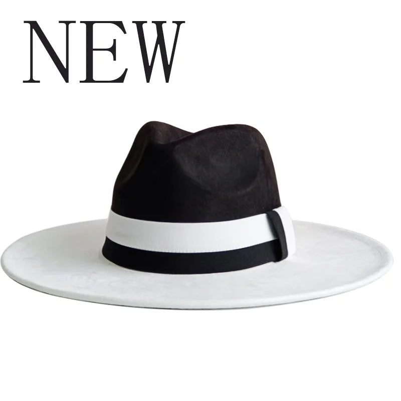 Black and white fedora hat with a wide brim on a white background