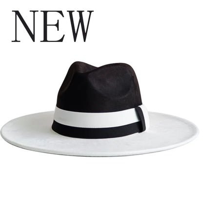 Black and white fedora hat with a wide brim on a white background