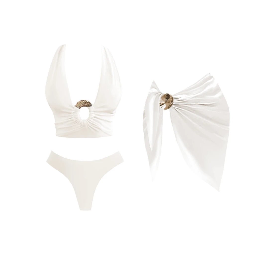 White bikini set with bow details on a white background. Women’s 2-piece deep V swimsuit with long skirt, adjustable straps, solid color, beachwear, comfortable polyester/spandex fabric, flattering fit.
