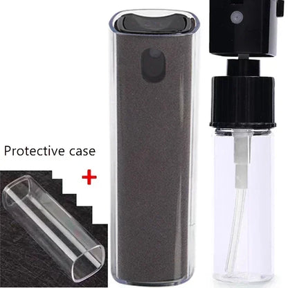 Clear spray bottle with black cap and protective case on a white background. 4in1 microfiber screen cleaner spray with cloth for phones, tablets, computers, glasses. Portable, streak-free, safe for all screens, UK FTF Market.