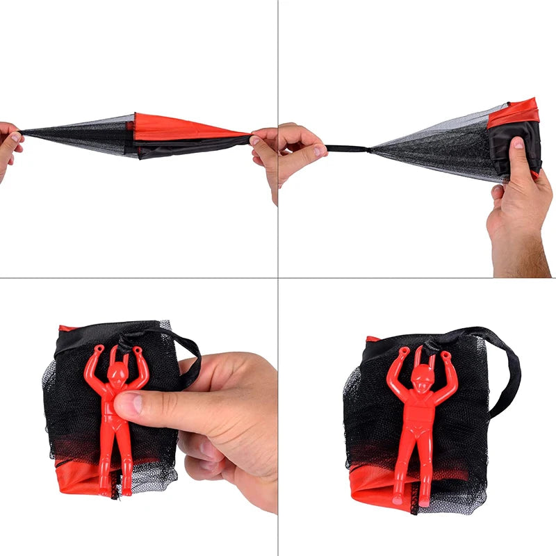 Step-by-step process of using a black and red bag with a figure inside, held by hands. Colorful outdoor parachute toy for kids, tangle-free design. Durable plastic, unisex gift idea for boys and girls. UK delivery ftf fashion.