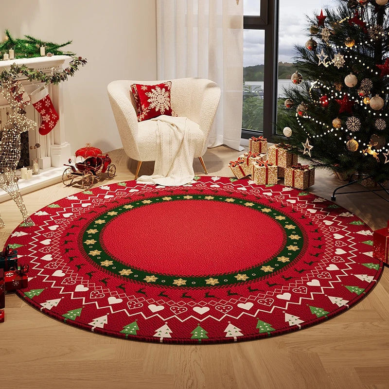 Decorative red round rug with Christmas patterns in a living room with a Christmas tree and presents. Round plush red carpet, soft and thick. Machine-woven, washable, ideal for living room, bedroom, cloakroom. Modern style UK home décor.