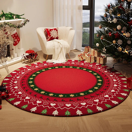 Decorative red round rug with Christmas patterns in a living room with a Christmas tree and presents. Round plush red carpet, soft and thick. Machine-woven, washable, ideal for living room, bedroom, cloakroom. Modern style UK home décor.