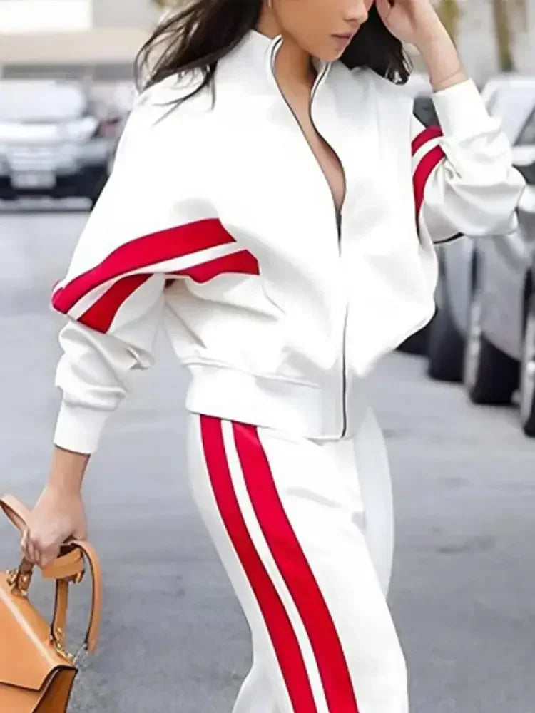 Stylish Women's Sports and Casual Suit with Zippered Jacket and High Waist Pants