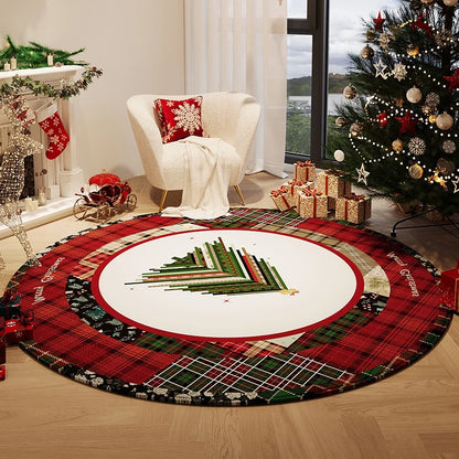 Decorative Christmas tree skirt with plaid pattern in a festive living room. Round plush red carpet, soft and thick. Machine-woven, washable, ideal for living room, bedroom, cloakroom. Modern style UK home décor.