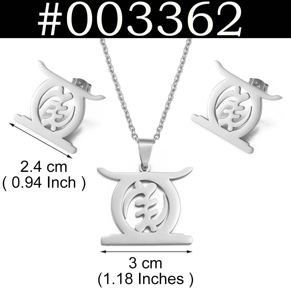 Silver-toned pendant necklace and matching stud earrings set with dimension labels on a white background, featuring a black banner at the top with the text '#003362'.