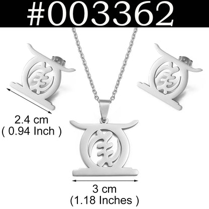 Silver-toned pendant necklace and matching stud earrings set with dimension labels on a white background, featuring a black banner at the top with the text '#003362'.