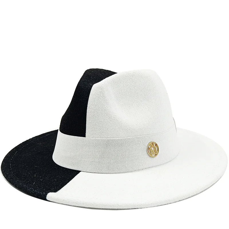 Two hats, one black and one white with a gold emblem, on a white background. Unisex double fedora hat, dual color gradient tie-dye, casual jazz style, cotton-polyester mix, suitable for outdoor autumn and spring.