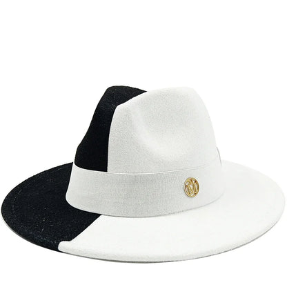 Two hats, one black and one white with a gold emblem, on a white background. Unisex double fedora hat, dual color gradient tie-dye, casual jazz style, cotton-polyester mix, suitable for outdoor autumn and spring.