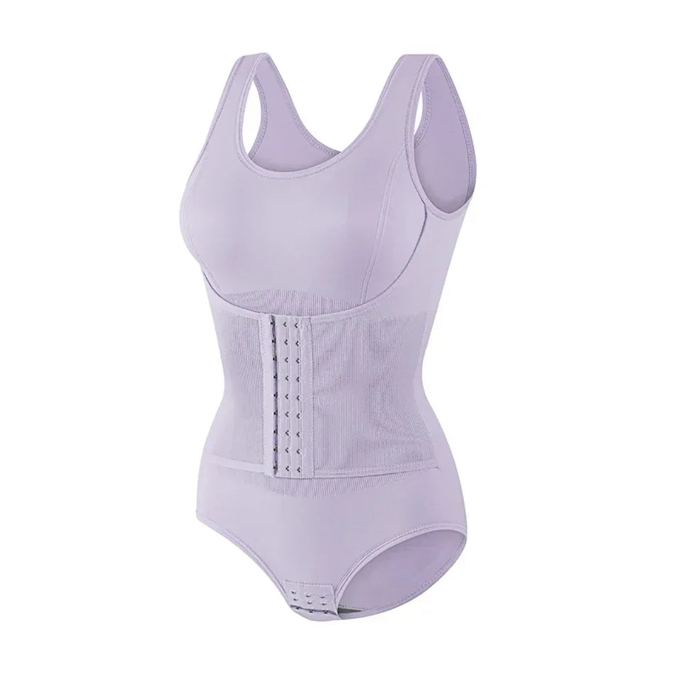 Lavender waist trainer on a white background. Women’s slimming bodysuit shapewear with zipper belt. Medium control, wire-free, seamless design with polyester/spandex fabric for all-day comfort.