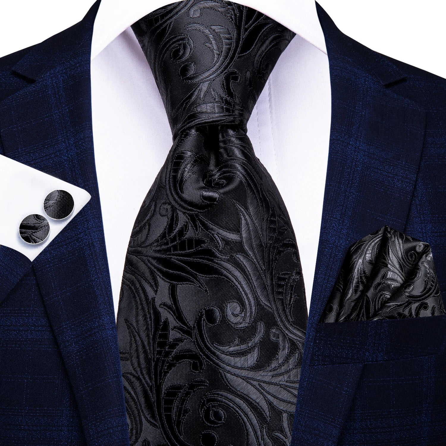 Black paisley tie with matching pocket square and cufflinks on a navy blazer. Men’s luxury paisley silk tie and pocket square set, 8.5cm wide, for business or wedding. Red formal necktie, ftf fashion UK.