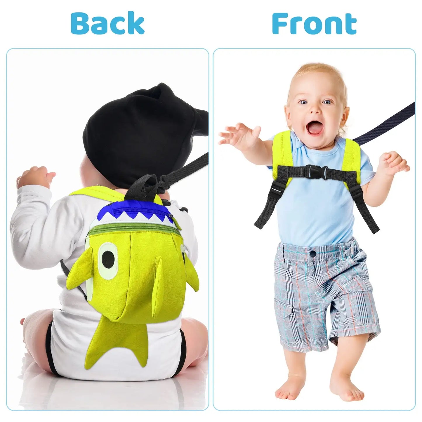 Colorful toddler backpack with attached safety leash for outdoor activities