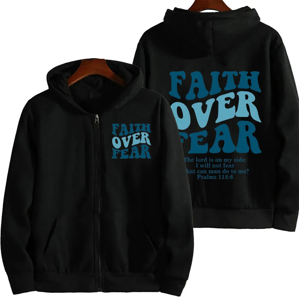 Faith Over Fear Christian zip hoodie, Bible verse sweatshirt, Jesus hoodie, trendy hoodie, aesthetic zip jacket.