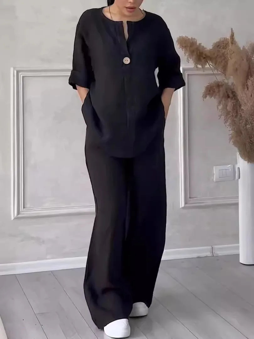 Women's 2-piece linen set in black — relaxed fit co-ord with wide leg trousers...