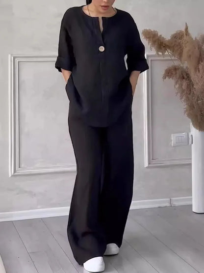Women's 2-piece linen set in black — relaxed fit co-ord with wide leg trousers...