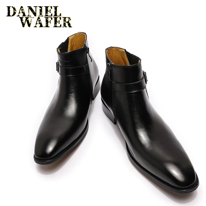 Black leather boots on a white background with 'DANIEL WAFER' branding.
