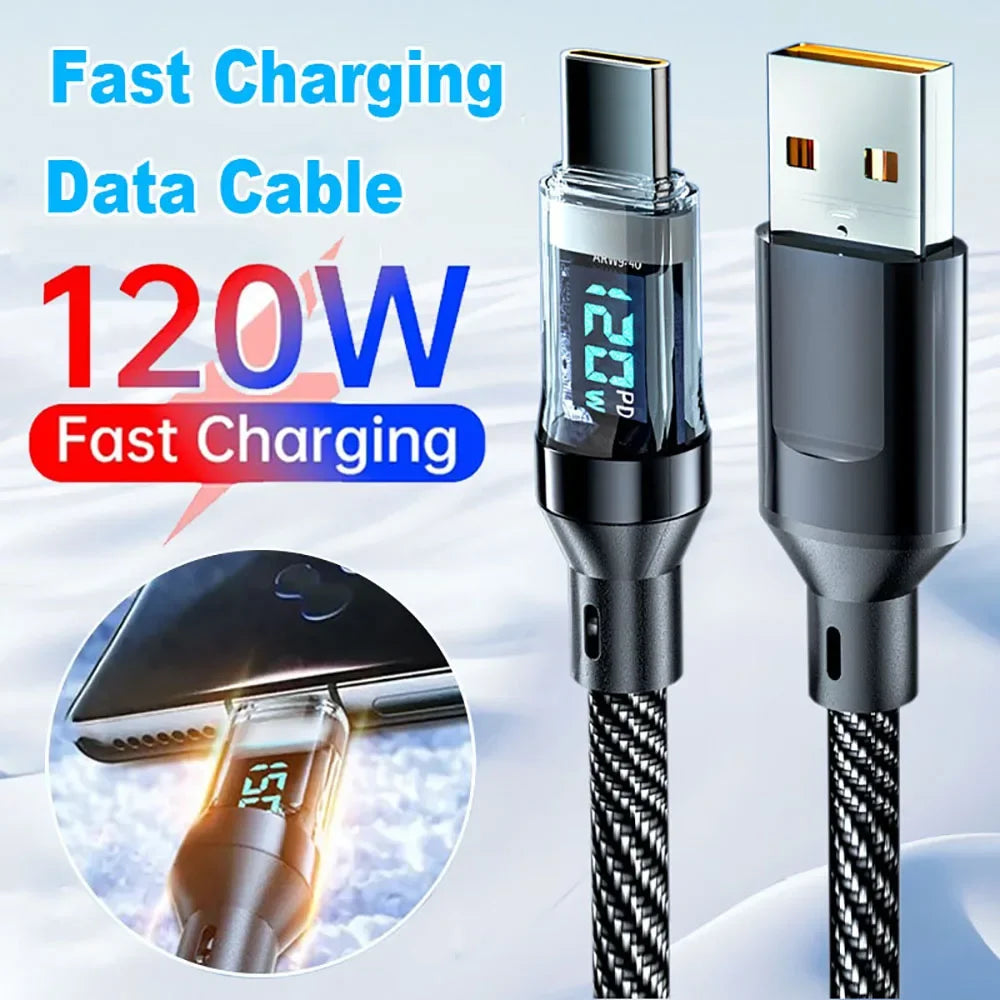Fast charging data cable with digital display on a white background. 120W fast charge USB-A to Type-C cable, nylon braided with LED display. For Xiaomi, Samsung, Huawei. Fast charging and data sync.