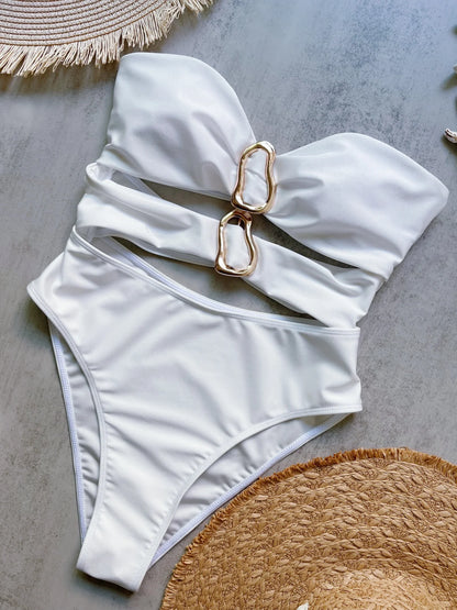 White bandeau one piece swimsuit with gold rings – High leg cut women swimwear – FTF Market