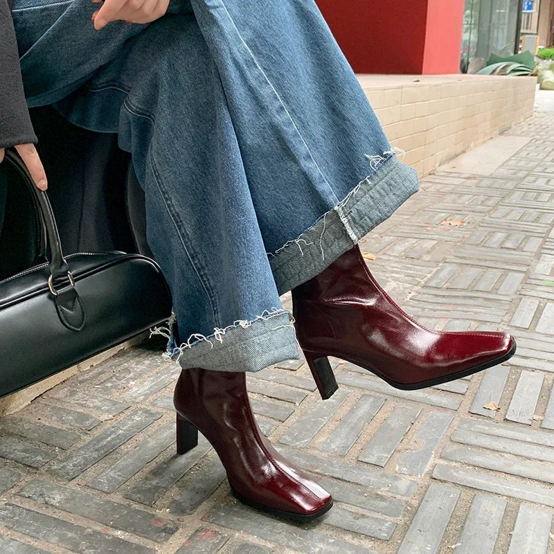 Women's Ankle Boots – Genuine leather, thick high heels, lace-up detailing, casual office wear, evening party dress booties. Available on FTFmarket.net, fast delivery in the UK.