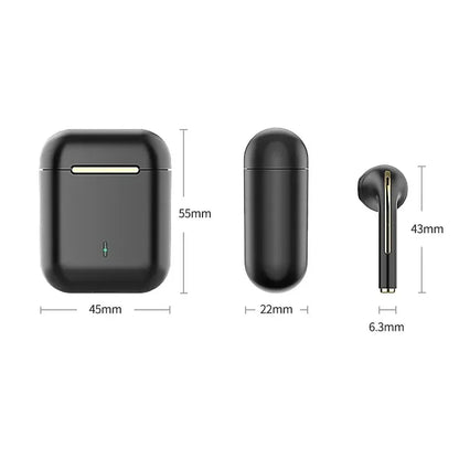 Black wireless earbuds with charging case and measurements on a white background. J18 wireless Bluetooth earphones, in-ear sport headset, waterproof, HiFi stereo sound, built-in microphone, UK FTF Market.