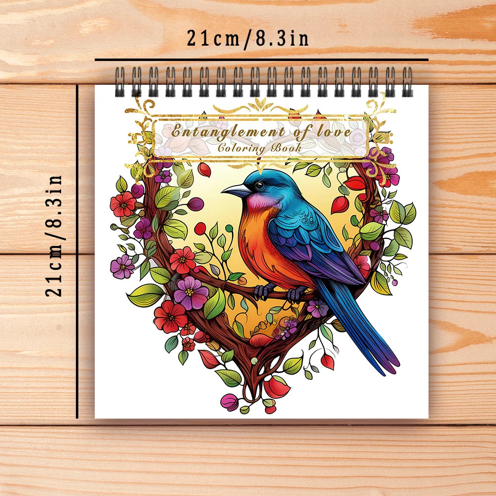 Coloring book titled 'Entanglement of Love' with a bird and floral design on a wooden surface. Adult women's spiral coloring book with 30 sheets, 8.3x8.3 inches, ideal gift for birthday or holiday party, creative drawing, UK FTF Market.