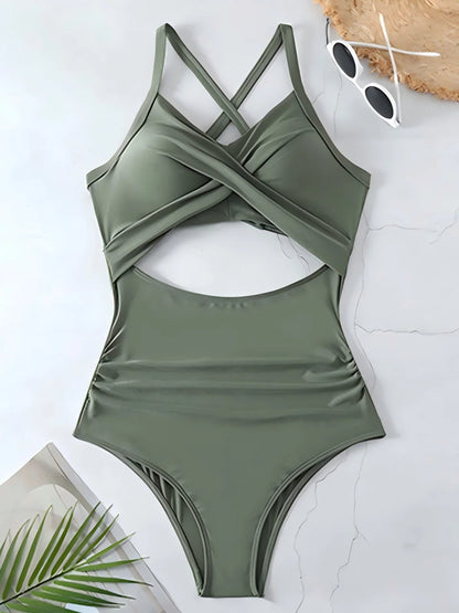 Grey cross-back one-piece swimsuit — ruched women swimwear S M L XL XXL