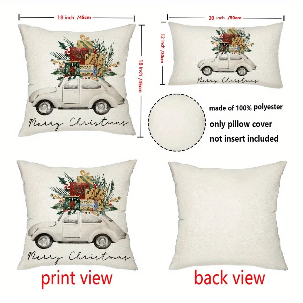 Christmas-themed pillow with car and floral design, including measurements and material information. Car Christmas pillowcase, festive cushion cover, Merry Christmas print. Soft peachskin, sofa/bed decor. Holiday home accent UK.