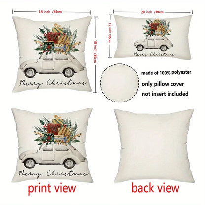 Christmas-themed pillow with car and floral design, including measurements and material information. Car Christmas pillowcase, festive cushion cover, Merry Christmas print. Soft peachskin, sofa/bed decor. Holiday home accent UK.