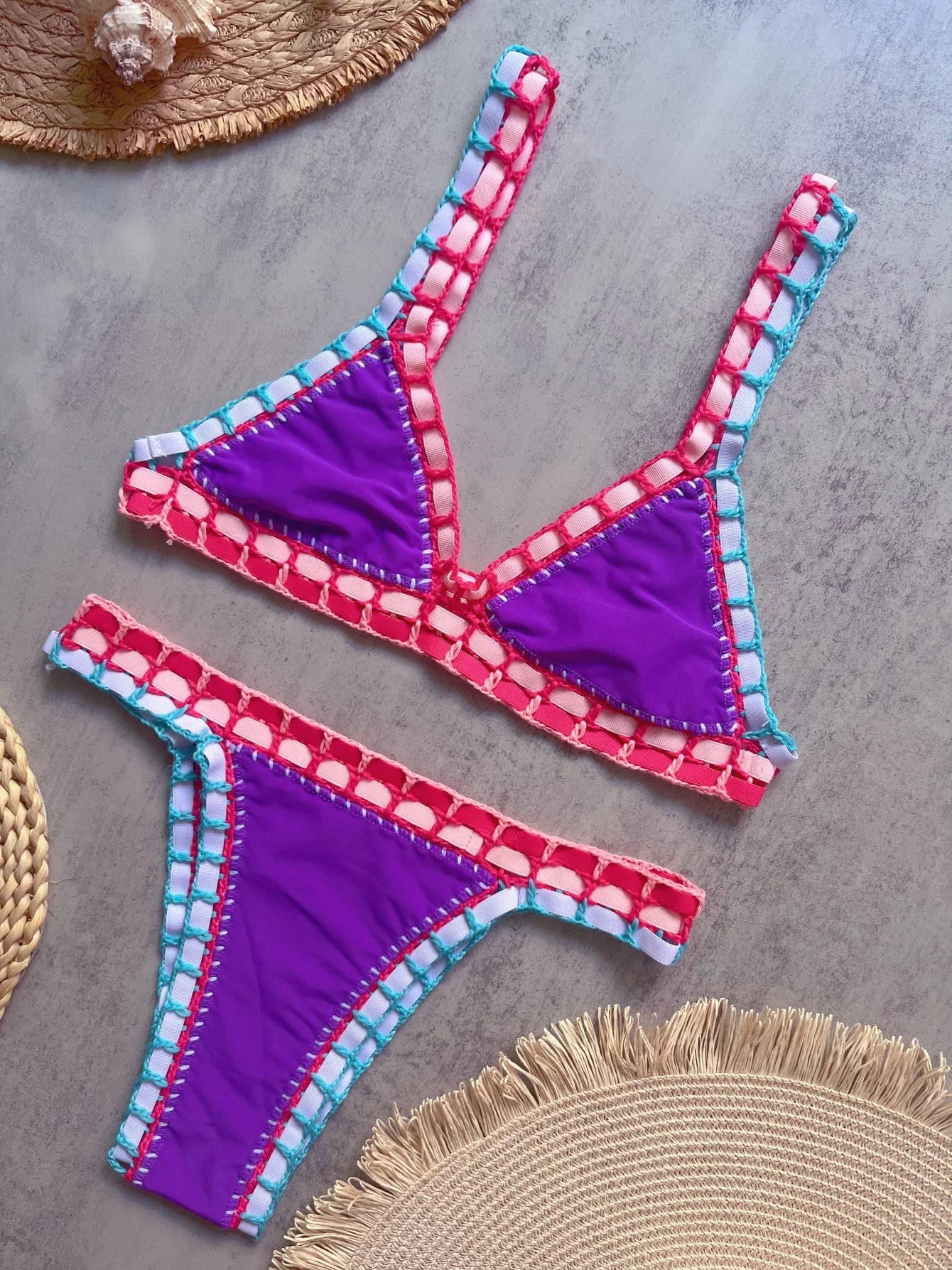 Purple crochet bikini set with coloured trim — bandeau swimwear women