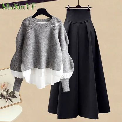 Elegant Splice Knitted Sweater Dress Set – Chic two-piece design, knitted sweater, matching skirt, stylish splice pattern. Perfect for casual and formal wear. Available on FTFmarket.net, fast delivery in the UK. Stay stylish with FTF Fashion and Mode FTF.