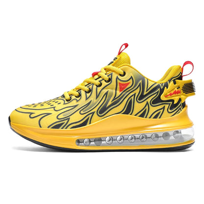 Yellow sneaker with black and red design on a white background