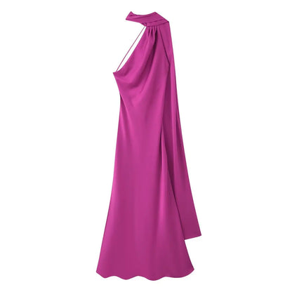 Fuchsia one-shoulder evening gown on a white background