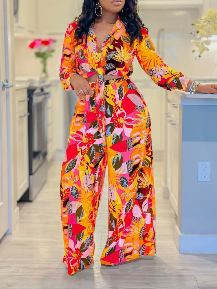 2024 Spring Summer Long Sleeved Printed Suit for Women – Lapel single-breasted shirt, wide-leg trousers, fashion-forward two-piece set. Available on FTFmarket.net, fast delivery in the UK.