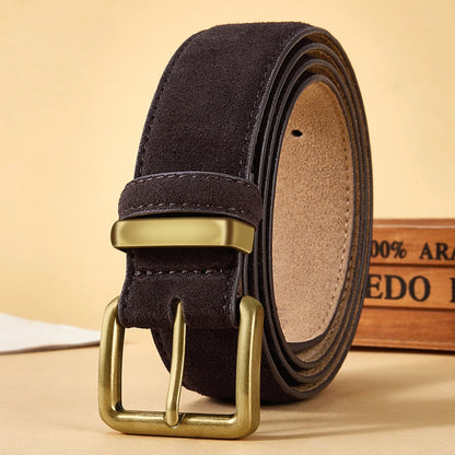 Luxury suede leather belt women UK dark brown gold buckle vintage — FTF Market