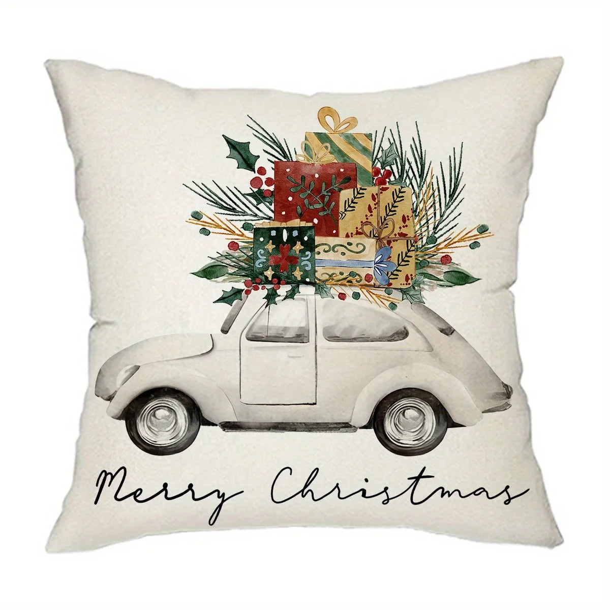 Decorative pillow with Christmas design featuring a vintage car and gift boxes on a white background. Car Christmas pillowcase, festive cushion cover, Merry Christmas print. Soft peachskin, sofa/bed decor. Holiday home accent UK.