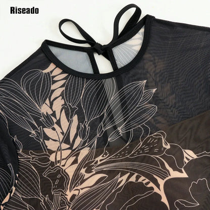 Black embroidery mesh swimdress front view — high waist one-piece swimsuit women