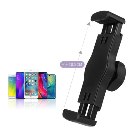 Black phone holder with adjustable arm on a white background, showing compatibility with various smartphone models. Aluminum alloy desktop tripod phone holder stand bracket for iPhone & smartphones. Portable stable tripod perfect for photography, video, live calls.