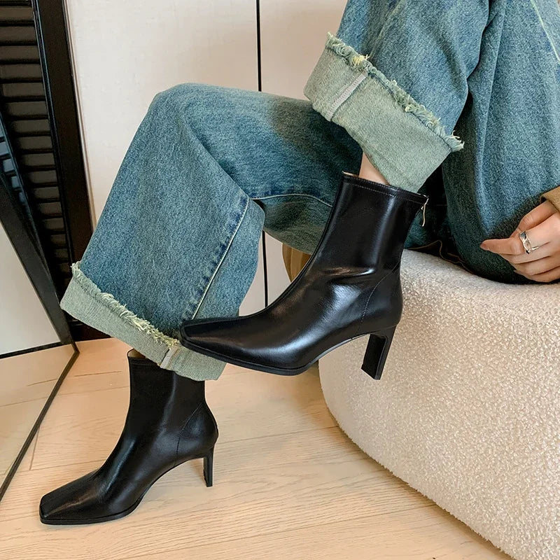 Women's Ankle Boots – Genuine leather, thick high heels, lace-up detailing, casual office wear, evening party dress booties. Available on FTFmarket.net, fast delivery in the UK.