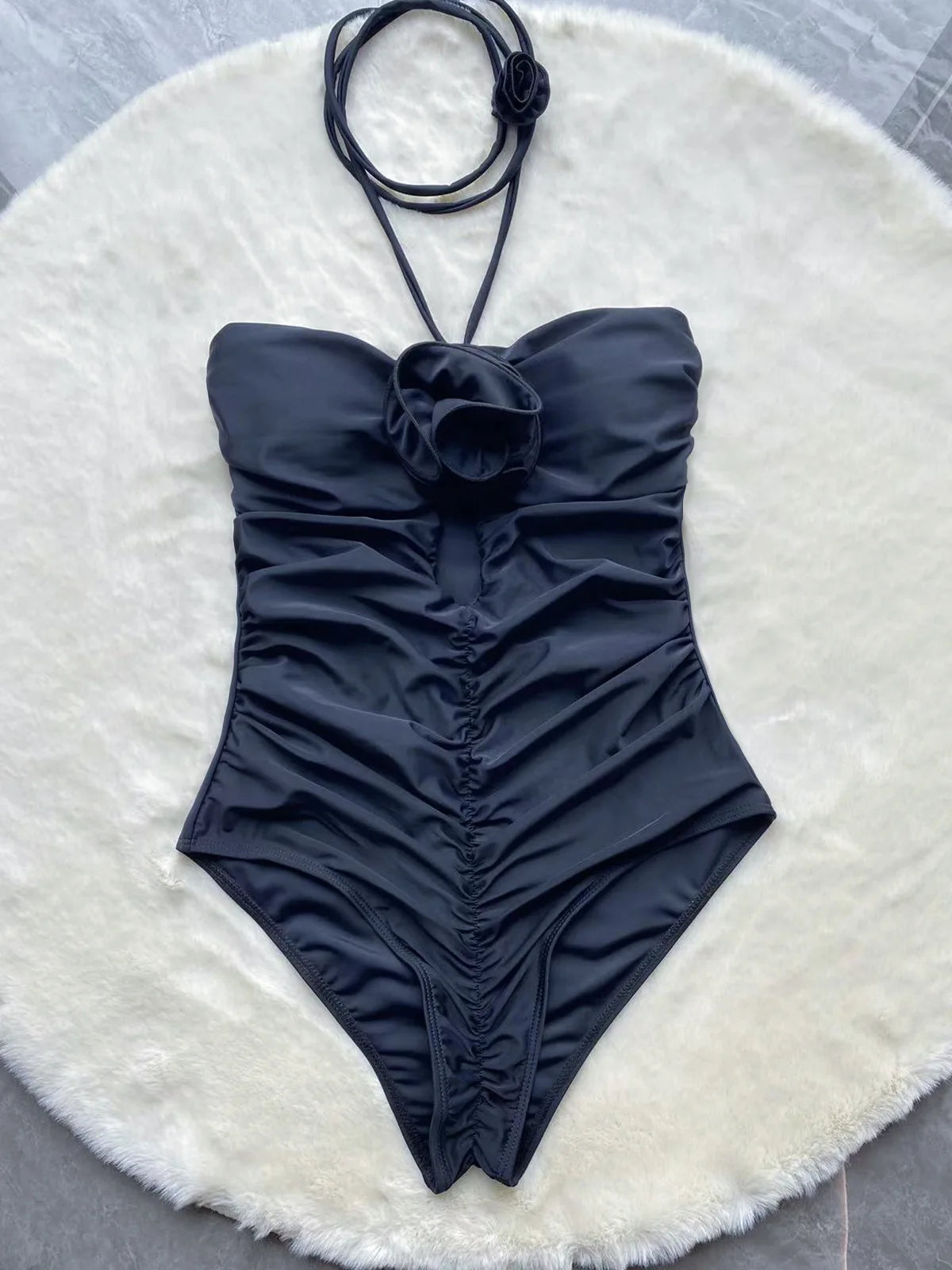 Black 3D flower monokini flat lay with choker — hollow out bandeau swimsuit women UK