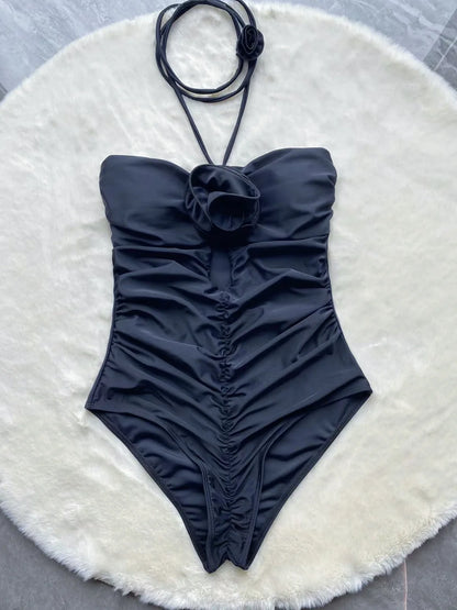 Black 3D flower monokini flat lay with choker — hollow out bandeau swimsuit women UK