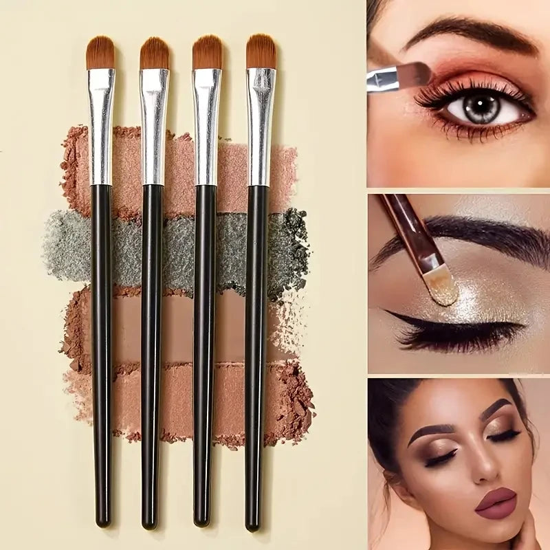 Set of makeup brushes with application examples on a beige background. Soft fluffy makeup brush set with wool fiber bristles and plastic handles. Complete set for powder, foundation, eyeshadow, and beauty blending.