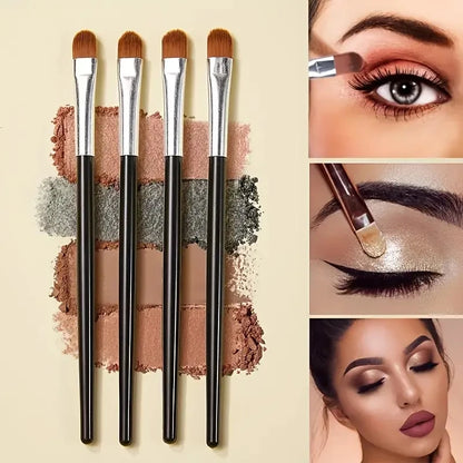 Set of makeup brushes with application examples on a beige background. Soft fluffy makeup brush set with wool fiber bristles and plastic handles. Complete set for powder, foundation, eyeshadow, and beauty blending.
