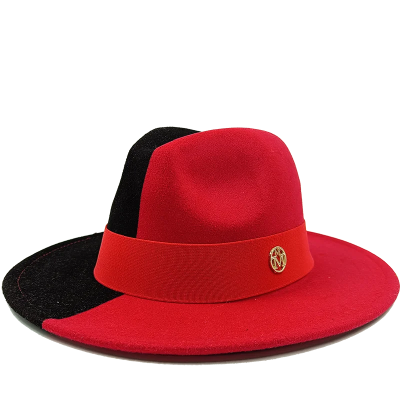Red and black fedora hats on a white background. Unisex double fedora hat, dual color gradient tie-dye, casual jazz style, cotton-polyester mix, suitable for outdoor autumn and spring.