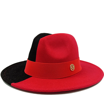 Red and black fedora hats on a white background. Unisex double fedora hat, dual color gradient tie-dye, casual jazz style, cotton-polyester mix, suitable for outdoor autumn and spring.